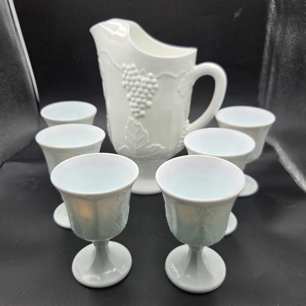 Indiana Milk Glass Pitcher & 6 Wine Goblets Embossed Grape Leaf 64oz VINTAGE